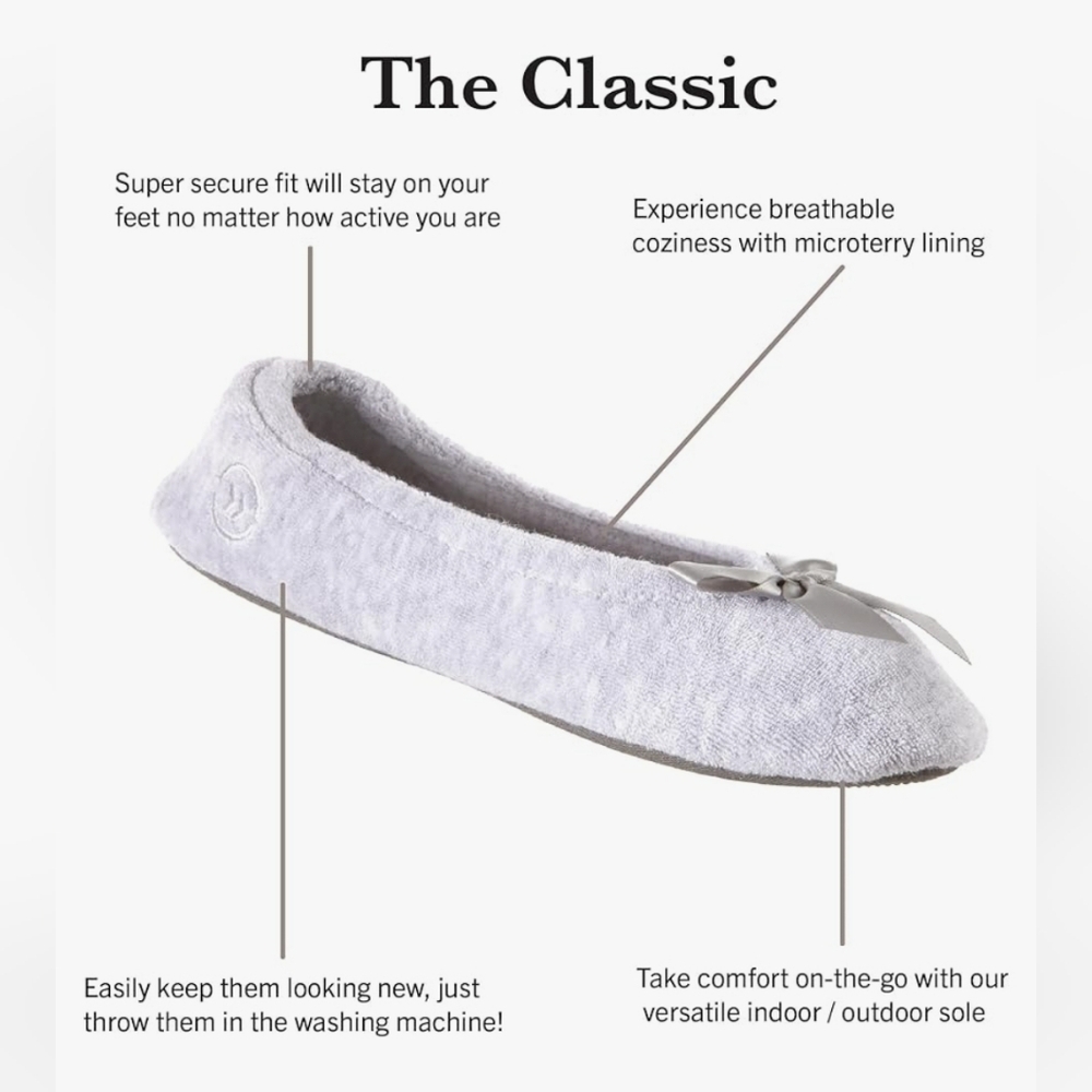 Isotoner Slippers Classic Heather Gray Ballet Flat Bow Size Medium 6.5-7.5 NEW